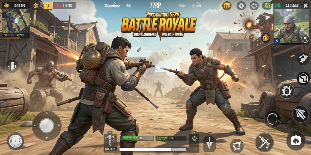 Gameplay intens dan penuh aksi dalam 77RP Battle Royale.