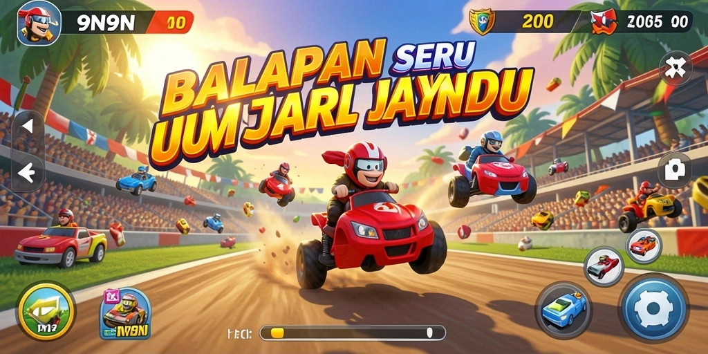 Screenshot utama 9N9N menunjukkan aksi balapan yang mendebarkan.