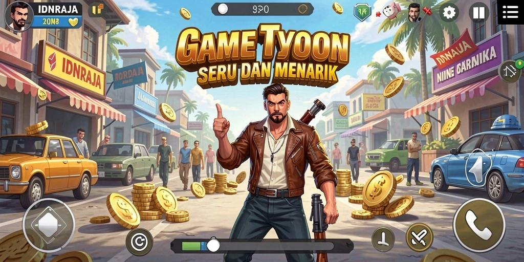 Tampilan gameplay IDNRAJA menampilkan simulasi bisnis yang seru.