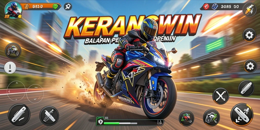 Screenshot gameplay KERANGWIN menampilkan balapan motor yang seru dan mendebarkan.