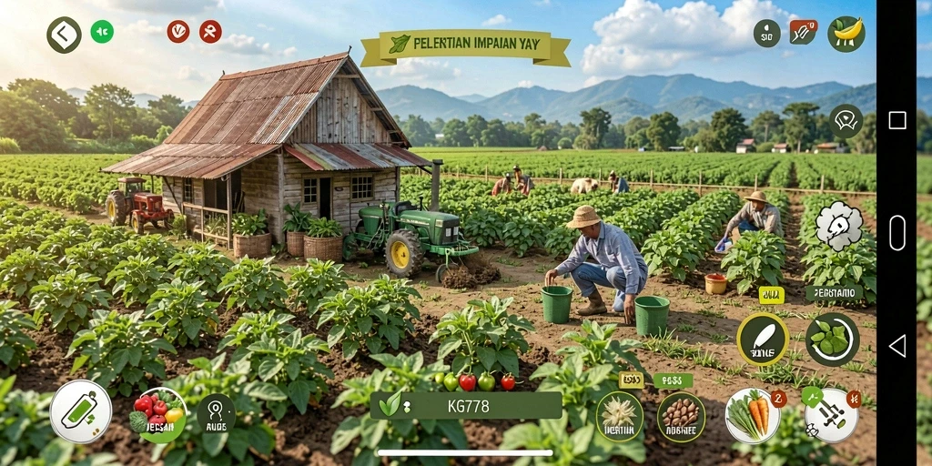 Tampilan gameplay KG778 menunjukkan kebun yang subur dan hewan ternak yang sehat.