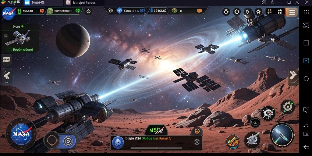 Tangkapan layar gameplay NASA4D menampilkan pertempuran luar angkasa yang epik.