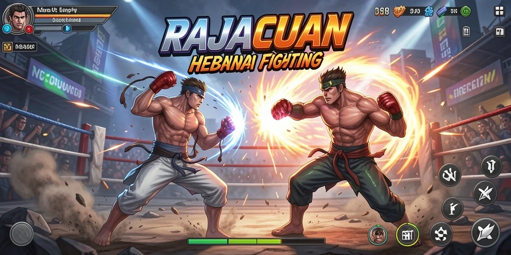 Tampilan gameplay pertarungan yang epik dan mendebarkan di RAJACUAN.