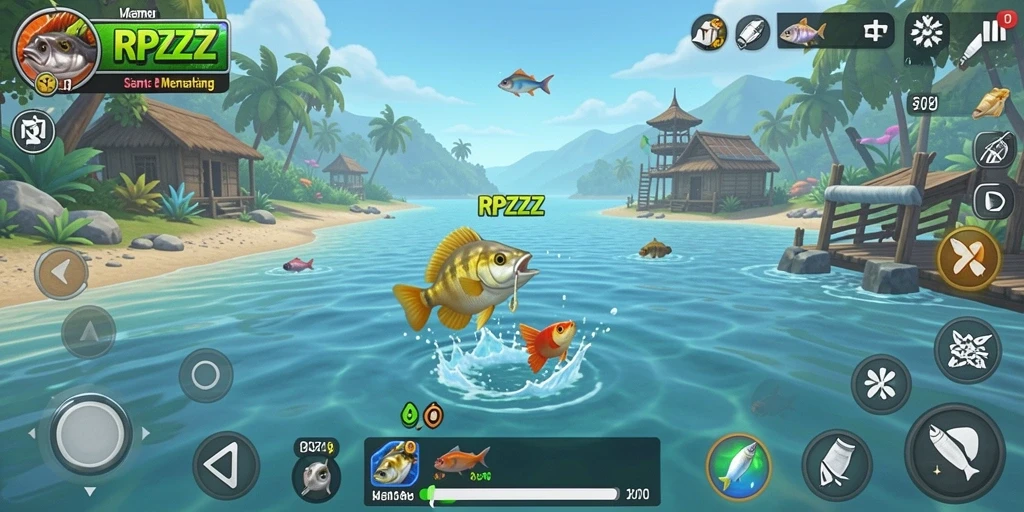 Screenshot utama RPZZZ menampilkan pemain yang sedang menangkap ikan di danau yang indah.