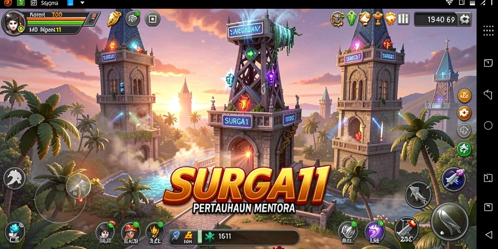Screenshot utama SURGA11 menampilkan aksi seru dalam permainan Tower Defense.