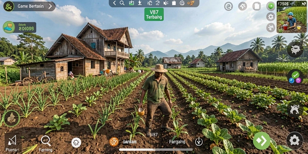 Gameplay V87 yang menampilkan aktivitas bertani yang seru dan interaktif.